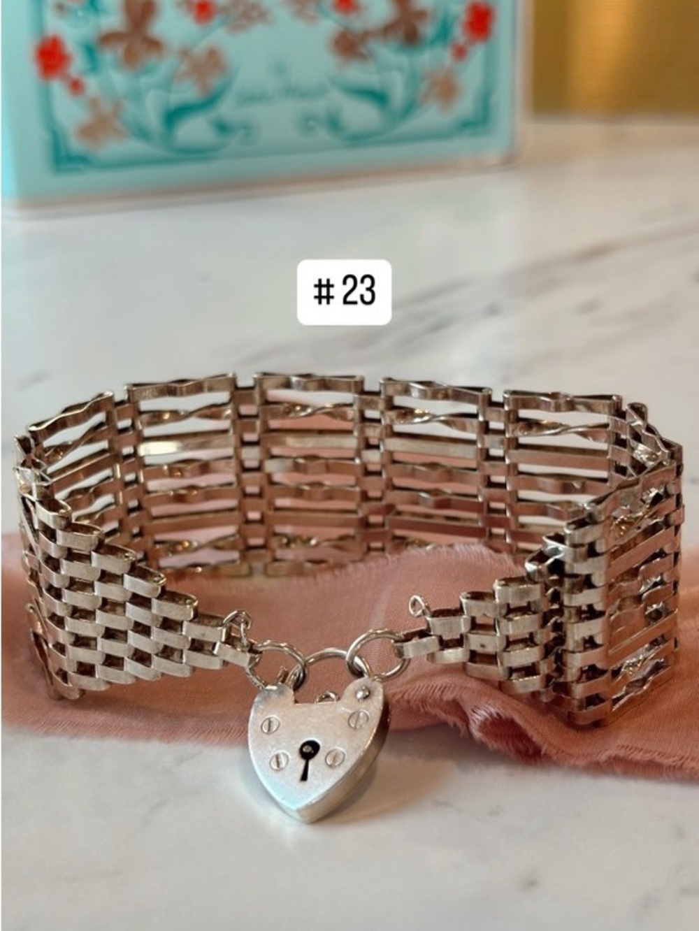Vintage Sterling Silver Heart Padlock Gate Bracelet - Silver